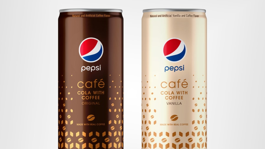 Dua kaleng Pepsi Café, varian Original dan Vanilla, kaleng cokelat untuk rasa Original dan kaleng putih untuk rasa Vanilla.